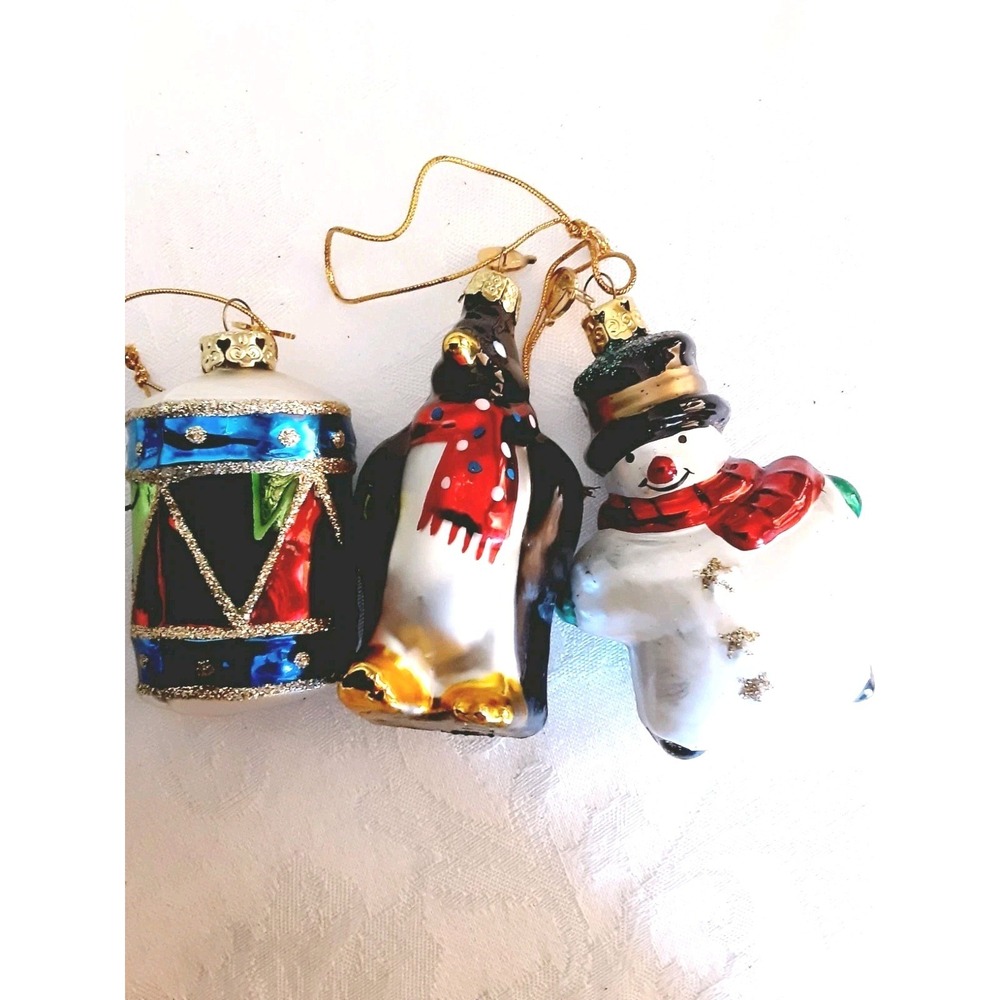 Vtg Kurt Adler Christmas Ornaments Set Of 3 Snowman Penguin Drum Mixed